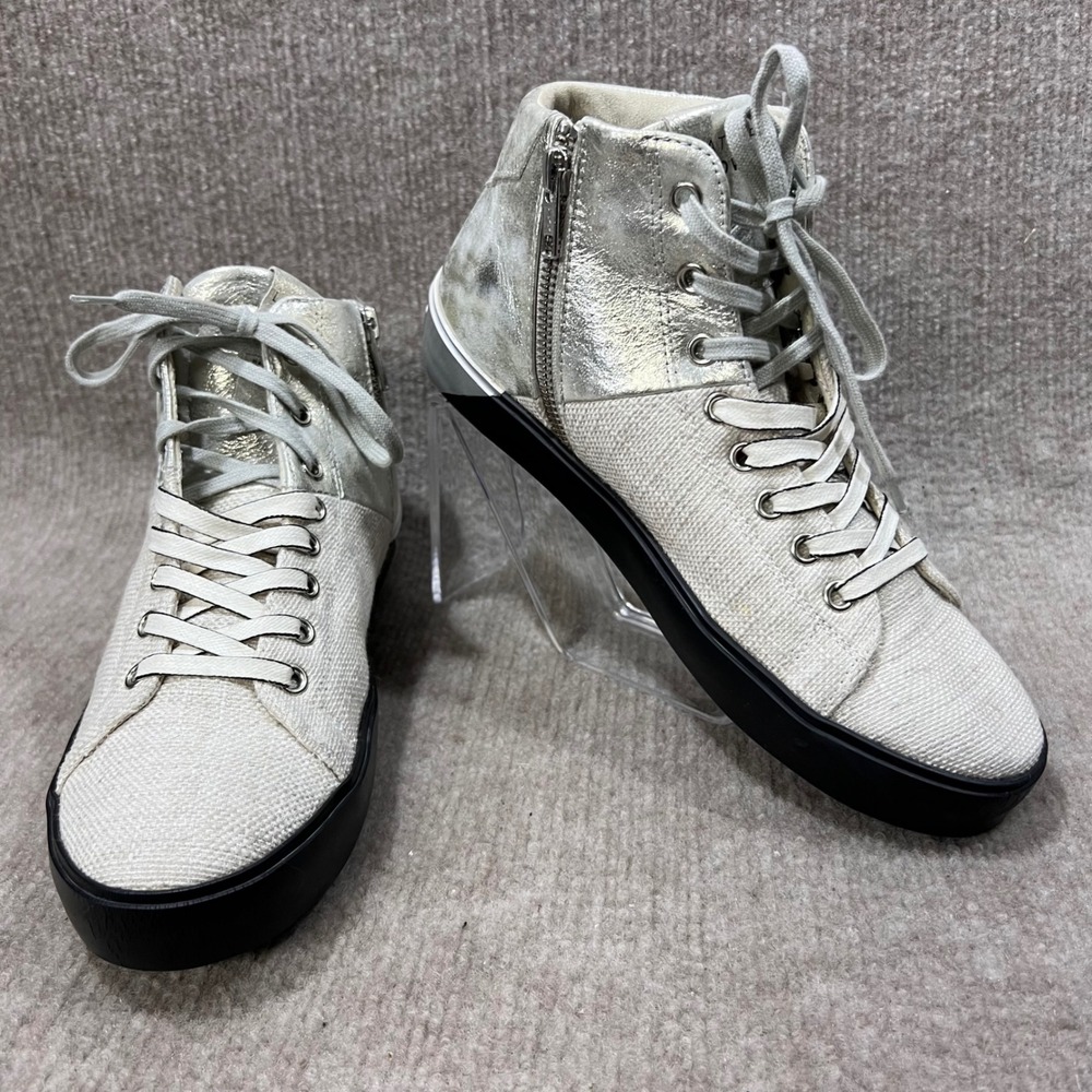 Leather Crown High Top Sneakers Metallic Silver White Canvas Side Zip Women 38